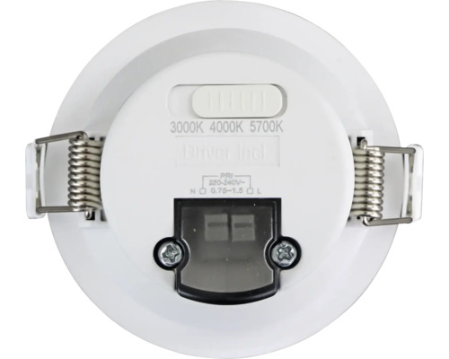 Rückseite eines LED Einbaustrahlers mit Schalter für Farbtemperatur 3000 Kelvin, 4000 Kelvin und 5700 Kelvin, Montagefedern und integriertem Treiber.