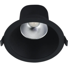 Runder LED Einbaustrahler in Schwarz mit strukturiertem Reflektor.