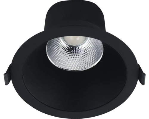 Runder LED Einbaustrahler in Schwarz mit strukturiertem Reflektor.