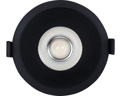 Runder LED-Einbaustrahler in Schwarz mit silbernem Reflektor und seitlichen Montagefedern.