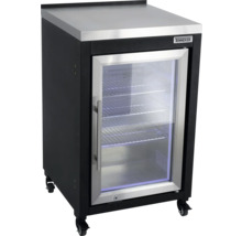 Tenneker Outdoor-Getränkekühlschrank mit Glastür, Edelstahloberfläche, drei Drahtgitterböden und Rollen.