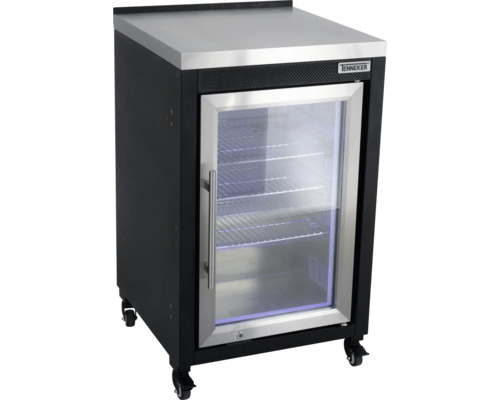 Tenneker Outdoor-Getränkekühlschrank mit Glastür, Edelstahloberfläche, drei Drahtgitterböden und Rollen.