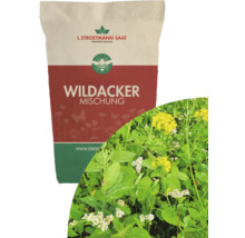 L. Stroetmann Saat Logo auf Wildacker Mischung Saatgut für Wildwiesen mit blühenden Pflanzen und Symbol für Bienenfreundlichkeit.