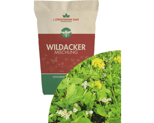 L. Stroetmann Saat Logo auf Wildacker Mischung Saatgut für Wildwiesen mit blühenden Pflanzen und Symbol für Bienenfreundlichkeit.