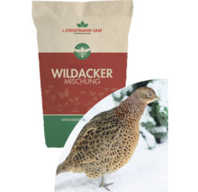 Papiersack L. Stroetmann Saat Wildacker Mischung mit einer Abbildung von einem Fasan im Schnee.