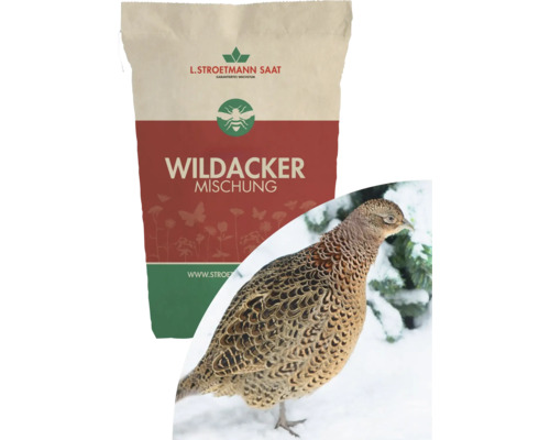 Papiersack L. Stroetmann Saat Wildacker Mischung mit einer Abbildung von einem Fasan im Schnee.
