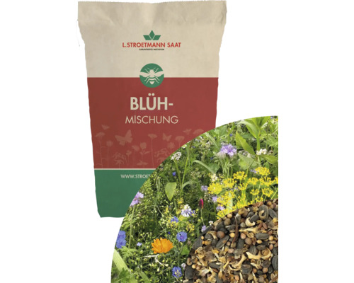 L. Stroetmann Saat Blühmischung in einer Papiertüte, mit Abbildung einer Blumenwiese und verschiedenen Samenkörnern.