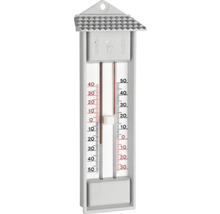 Minimum-Maximum-Thermometer aus Kunststoff für den Außenbereich mit kleiner Überdachung und Aufhängöse.