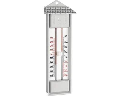 Minimum-Maximum-Thermometer aus Kunststoff für den Außenbereich mit kleiner Überdachung und Aufhängöse.