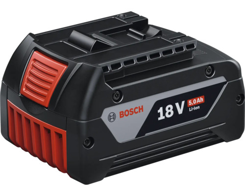 Bosch Akkupack 18 Volt 5,0 Amperestunden Lithium-Ionen in Schwarz und Rot.