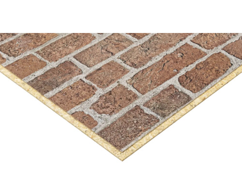 Dekowall Wismar 1250x660x12mm Wandpaneel in Backsteinoptik mit rustikalen, rot-braunen Steinen und grauen Fugen auf einer Trägerplatte.