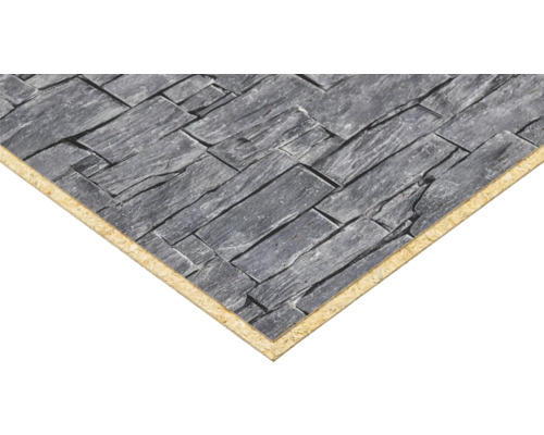 DecoWall Narva 1250X660X12mm Küchenarbeitsplatte in grauer Steinoptik mit einem Kern aus Spanplatte.