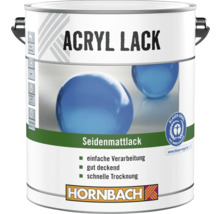 Hornbach Acryllack seidenmatt, gut deckend, schnell trocknend, wasserverdünnbar, Umweltzeichen Blauer Engel, Hornbach Logo.