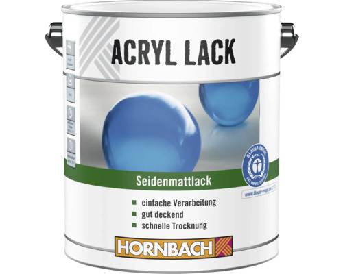 Hornbach Acryllack seidenmatt, gut deckend und schnell trocknend. Blauer Engel Umweltsiegel und Hornbach Logo.
