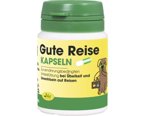 cdVet Gute Reise Kapseln, Ergänzungsfuttermittel für Hunde zur Unterstützung bei Reiseübelkeit.