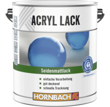 Hornbach Acryl Lack Seidenmattlack, umweltfreundlich zertifiziert, einfache Verarbeitung, gute Deckkraft, schnelle Trocknung, Hornbach Logo.