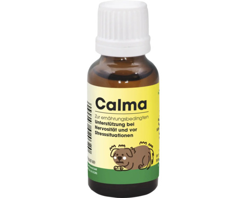 Calma Beruhigungsmittel für Hunde zur Unterstützung bei Nervosität und Stress in einer Braunglasflasche.