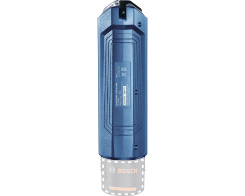 Rückansicht einer blauen Bosch Akku-Arbeitsleuchte GLI 10,8 Volt mit technischen Angaben auf dem Etikett und strukturiertem Kunststoffgehäuse.