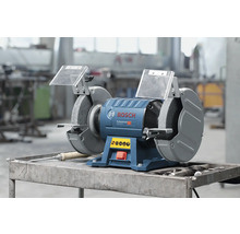 Bosch Professional Doppelschleifmaschine mit zwei Schleifscheiben und Funkenschutz auf einem Metalltisch in einer organisierten Werkstatt.