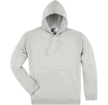 Hellgrauer Kapuzenpullover mit Kordelzug und Kängurutasche.