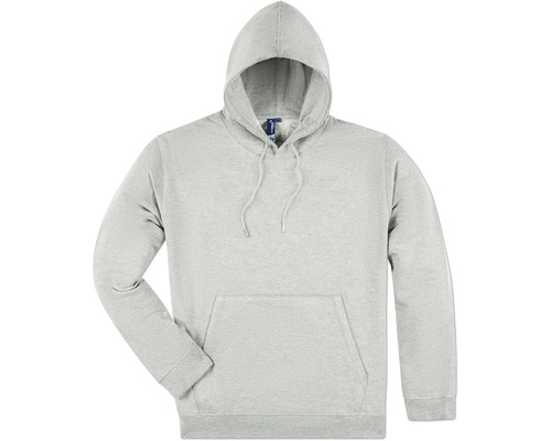 Hellgrauer Kapuzenpullover mit Kordelzug und Kängurutasche.