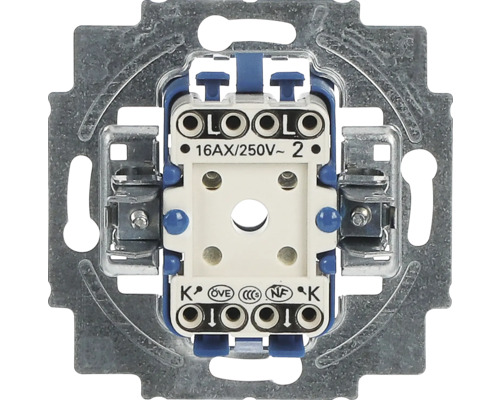 Unterputz-Schaltereinsatz mit Metall-Tragring, 16 Ampere 250 Volt, mit Prüfzeichen für ÖVE, CCC und NF.