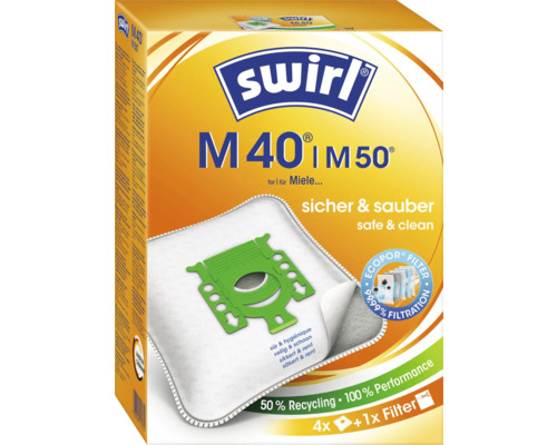 Swirl Staubsaugerbeutel M40 und M50 für Miele Staubsauger, Packung mit 4 Beuteln und 1 Filter, Ecopor Filter für 99,99 Prozent Filtration.