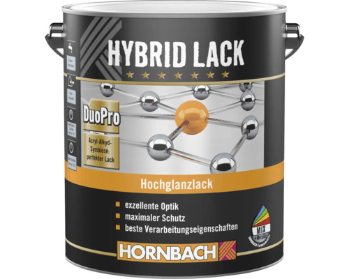Dose Hornbach Hybrid Lack Hochglanzlack DuoPro mit Acryl-Alkyd-Symbiose, Farbmischcenter-Symbol und Hornbach Logo.