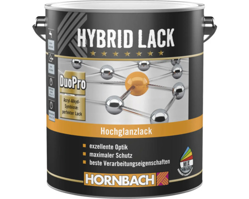 Hornbach Hybrid Lack DuoPro Hochglanzlack, Acryl-Alkyd-Symbiose, wasserbasiert, für innen und außen.