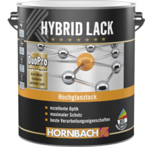 Hornbach Hybrid Lack Hochglanzlack in der Dose, DuoPro Acryl-Alkyd-Symbiose, zum Mischen, Hornbach Logo.