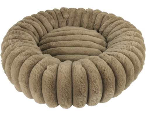 Rundes, braunes Haustierbett aus weichem Plüsch mit gerippter Struktur.