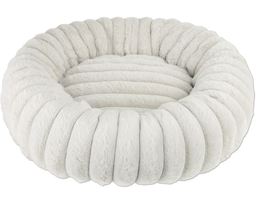 Rundes cremefarbenes Haustierbett aus weichem Plüsch in Donut-Form für Hunde und Katzen.