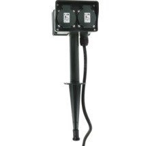 Garten-Steckdosensäule mit zwei Steckdosen, Schutzklappen, Erdspieß und schwarzem Kabel, Schutzart IP 44.