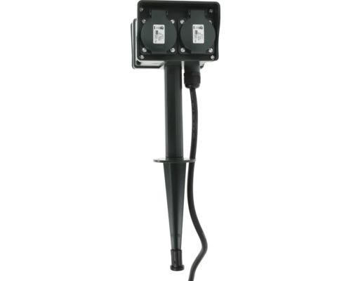 Garten-Steckdosensäule mit zwei Steckdosen, Schutzklappen, Erdspieß und schwarzem Kabel, Schutzart IP 44.