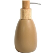 Seifenspender mit ovalem beigem Korpus und Pumpkopf aus Holz mit Metallauslauf.