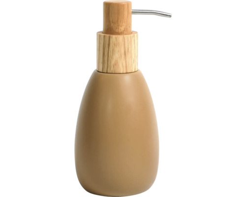 Seifenspender mit ovalem beigem Korpus und Pumpkopf aus Holz mit Metallauslauf.
