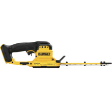 Gelbe und schwarze DeWalt Akku Heckenschere DCMHT520 mit 18 Volt Antrieb und langer Schneidklinge aus Metall.