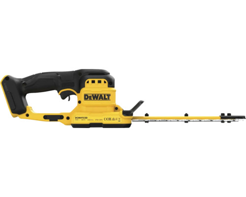 Gelbe und schwarze DeWalt Akku Heckenschere DCMHT520 mit 18 Volt Antrieb und langer Schneidklinge aus Metall.