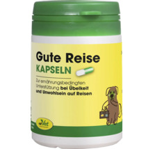cdVet Gute Reise Kapseln für Hunde zur ernährungsbedingten Unterstützung bei Übelkeit und Unwohlsein auf Reisen, Kunststoffdose mit cdVet Logo.