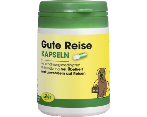 cdVet Gute Reise Kapseln für Hunde zur ernährungsbedingten Unterstützung bei Übelkeit und Unwohlsein auf Reisen, Kunststoffdose mit cdVet Logo.
