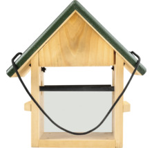 Vogelfutterhaus aus Holz mit grünem Satteldach und schwarzer Kordel zum Aufhängen.