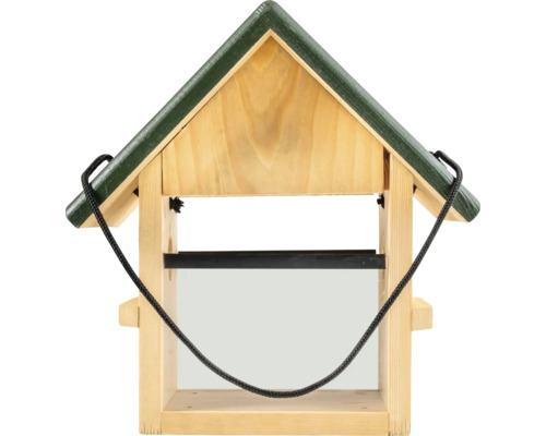 Vogelfutterhaus aus Holz mit grünem Satteldach und schwarzer Kordel zum Aufhängen.