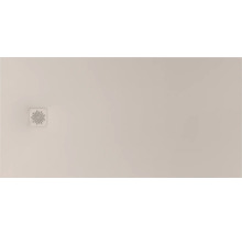 Rechteckige beige Duschwanne mit seitlichem quadratischem Ablaufdeckel mit sternförmigem Schlitzmuster.