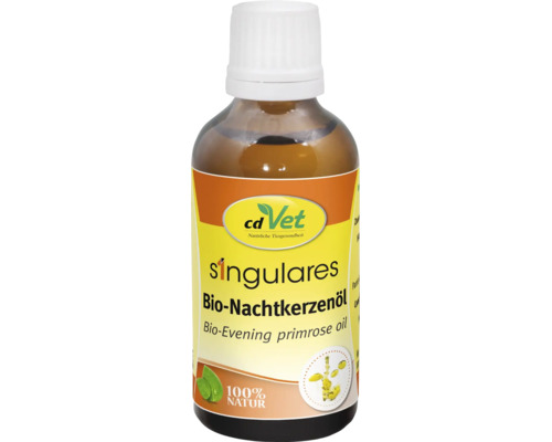 cdVet Singulares Bio-Nachtkerzenöl in einer Flasche mit Schraubverschluss, ein hundert Prozent Naturprodukt zur Tiergesundheit.