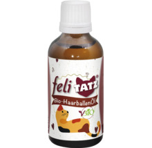 feli TATZ Bio-Haarballenöl für Katzen in einer Glasflasche mit weißem Deckel.
