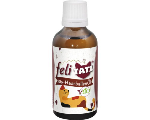 feli TATZ Bio-Haarballenöl für Katzen in einer Glasflasche mit weißem Deckel.