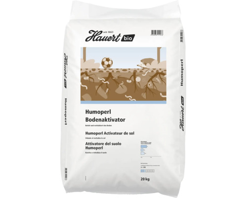 Packung Hauert bio Humoperl Bodenaktivator, 20 Kilogramm, zur Belebung und Revitalisierung des Bodens.