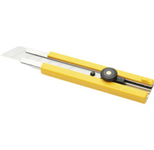 Gelbes Cutter-Messer mit Abbrechklinge und Feststellrad aus Kunststoff und Metall.