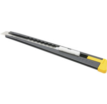 Schwarzes Cuttermesser mit Abbrechklinge und gelbem Abschluss aus Kunststoff und Metall.