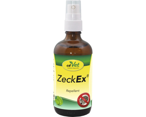 cdVet ZeckEx Repellent Spray in einer braunen Glasflasche mit Sprühaufsatz zum Schutz gegen Zecken.
